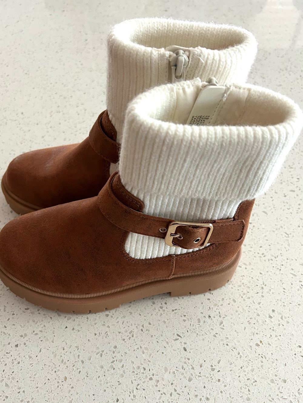 Cat & Jack Brown Suede Booties with Cream Knit Cuffs